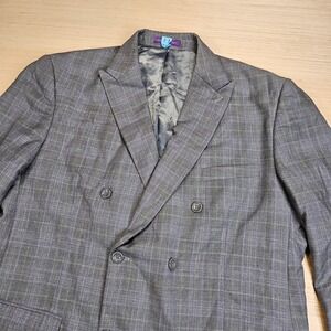 Vinci Suit Jacket Blazer Men 44R Gray Plaid Double Breasted Professional Formal